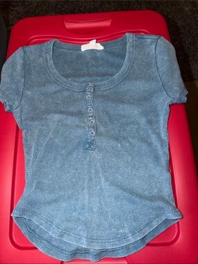 Pink Rose Short Sleeve Ribbed Henley Top - Blue
